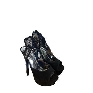 Mascotte Black Faux Suede Embellished Platform Stilletto Heel Women Sz 8